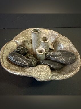 Studio Pottery Ceramic Ikebana Frog Vase Flower Dish Rustic Tan Artist Signed